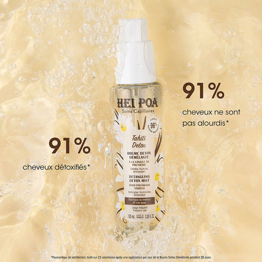 HEI POA Tahiti Detox Brume Detox Démêlante. Produit sur fond beige. Texte: 91% cheveux détoxifiés.