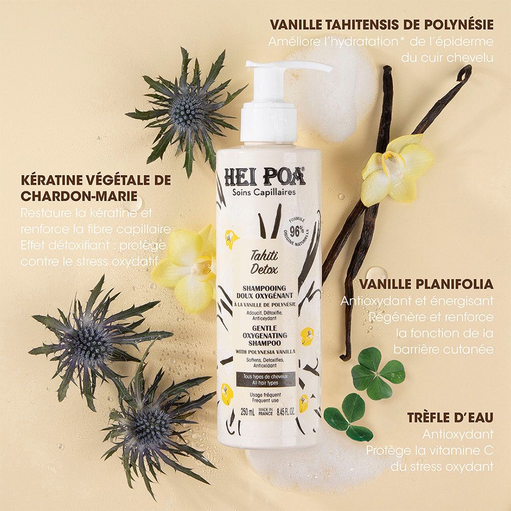 HEI POA Tahiti Detox Shampooing Doux Oxygénant avec ingrédients. Vanille, Kératine végétale, Trèfle d'eau. Emballage produit.