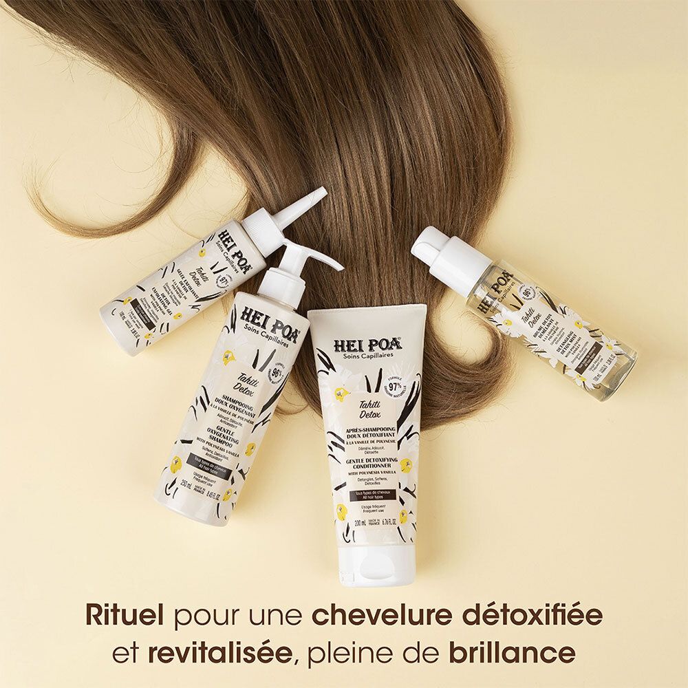 Gamme HEI POA pour cheveux détoxifiés et revitalisés. Produits: shampooing, après-shampooing, huile.