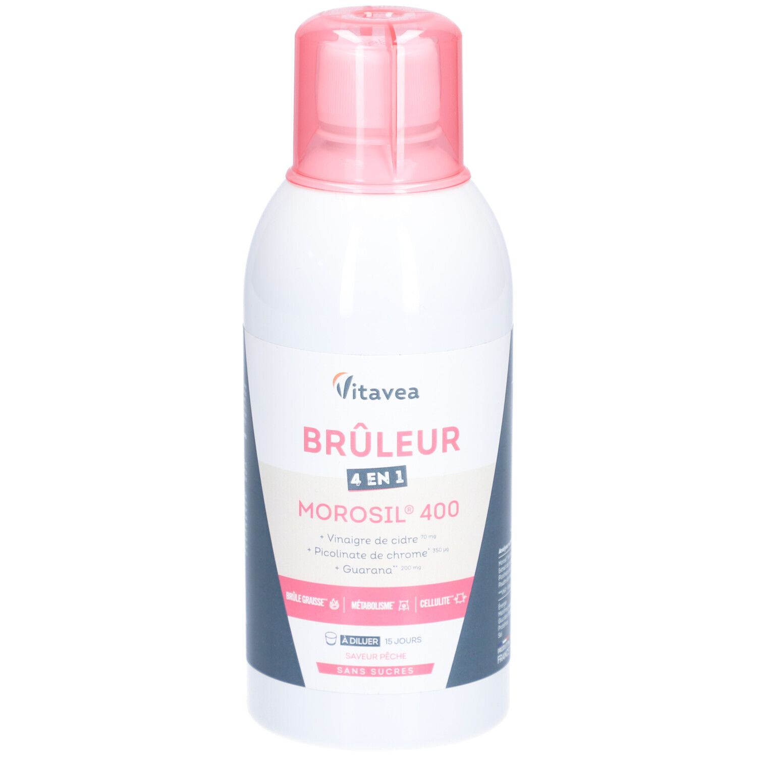 Flacon blanc avec bouchon rose. Inscription: Vitavea, Brûleur 4 en 1, Morosil 400. Contient vinaigre de cidre, picolinate de chrome, guarana.