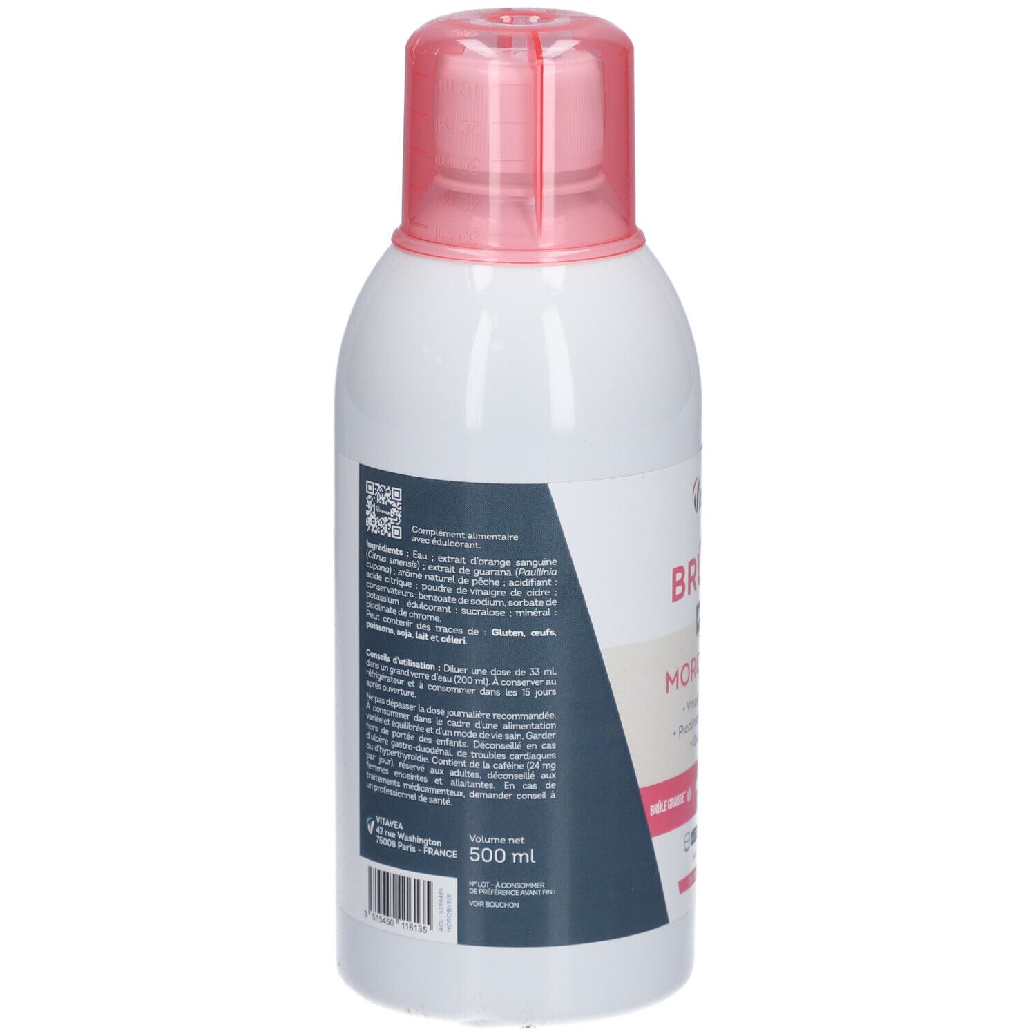 Dos du flacon blanc avec bouchon rose. Contient des informations sur les ingrédients et le mode d'emploi. Volume : 500 ml.