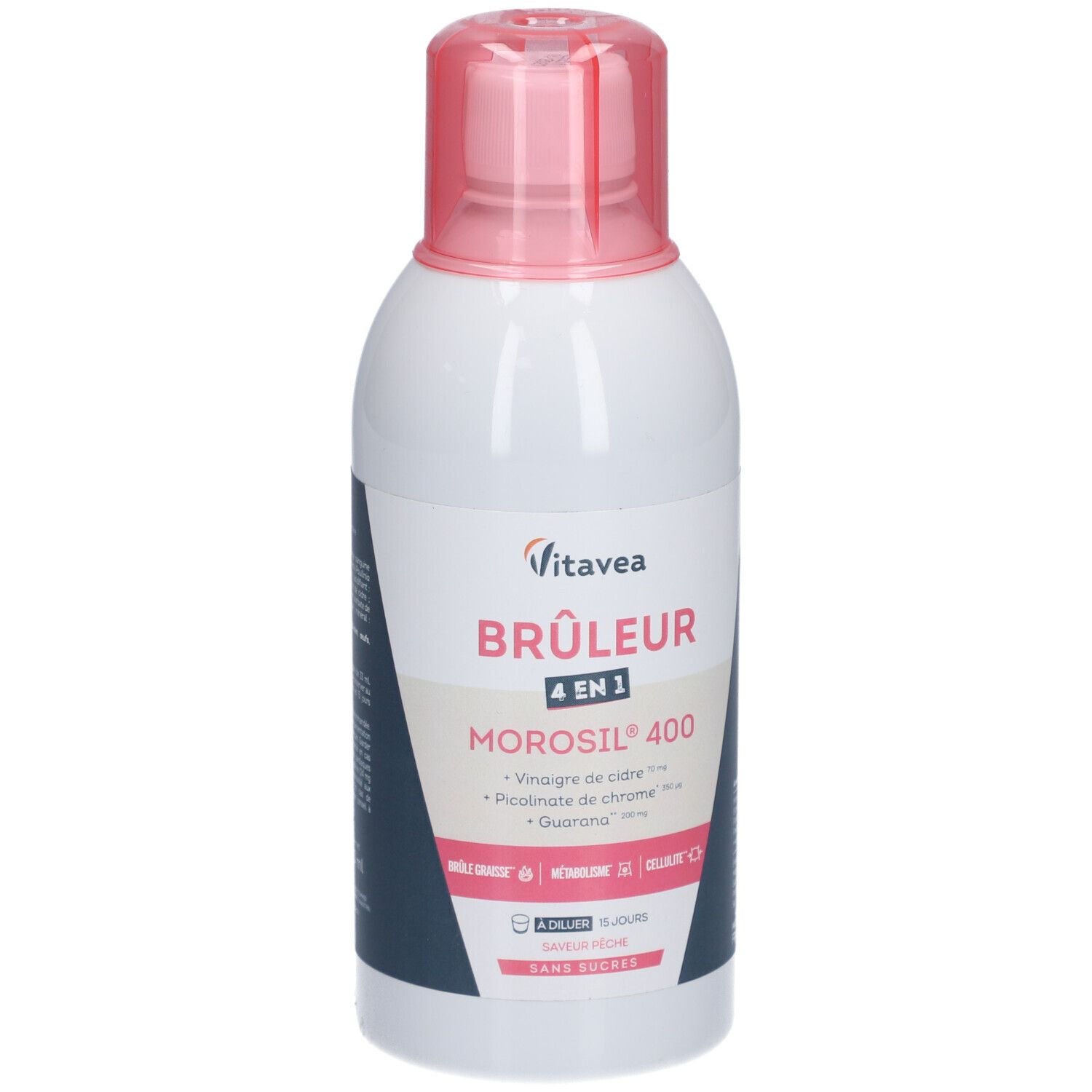 Flacon blanc avec bouchon rose. Inscription: Vitavea, Brûleur 4 en 1, Morosil 400. Contient vinaigre de cidre, picolinate de chrome, guarana.