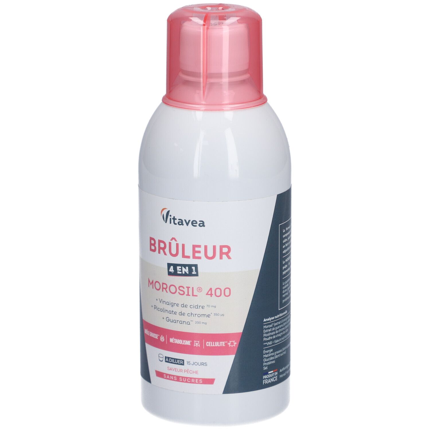 Flacon blanc avec bouchon rose. Inscription: Vitavea, Brûleur 4 en 1, Morosil 400. Contient vinaigre de cidre, picolinate de chrome, guarana.