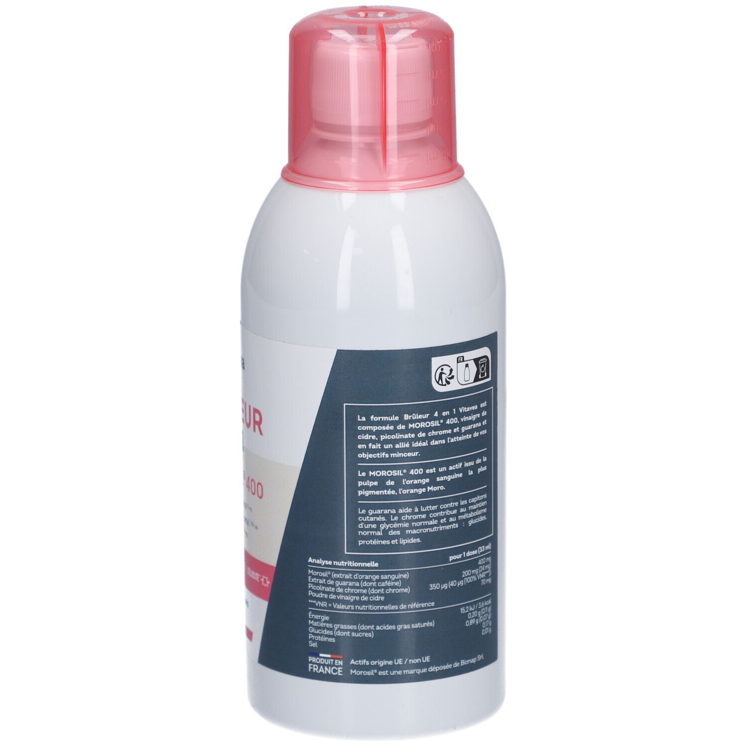 Dos du flacon blanc avec bouchon rose. Contient des informations sur les ingrédients et le mode d'emploi.