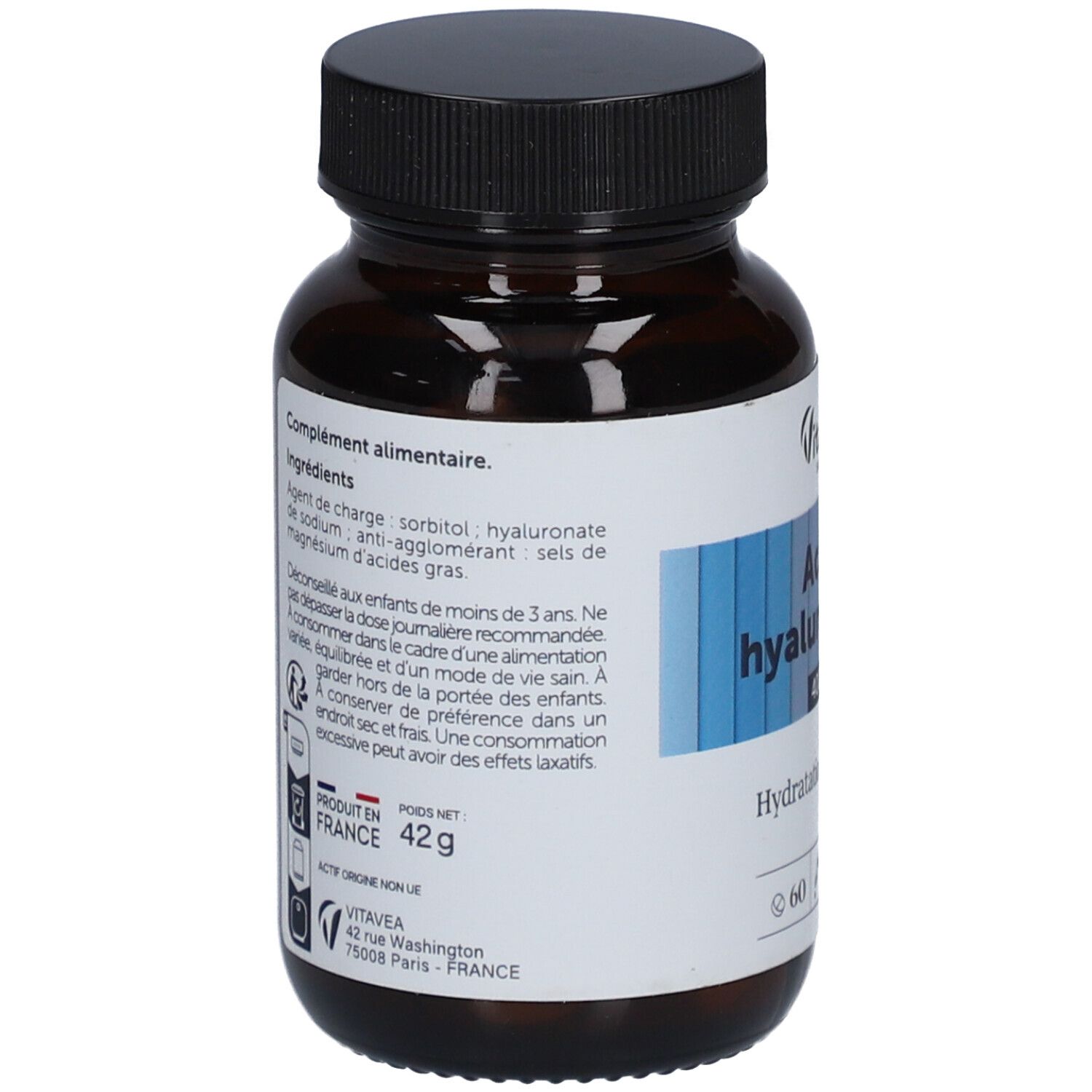 Vue arrière du flacon en verre brun. Étiquette avec ingrédients, poids et origine. Marque Vitavea Santé.