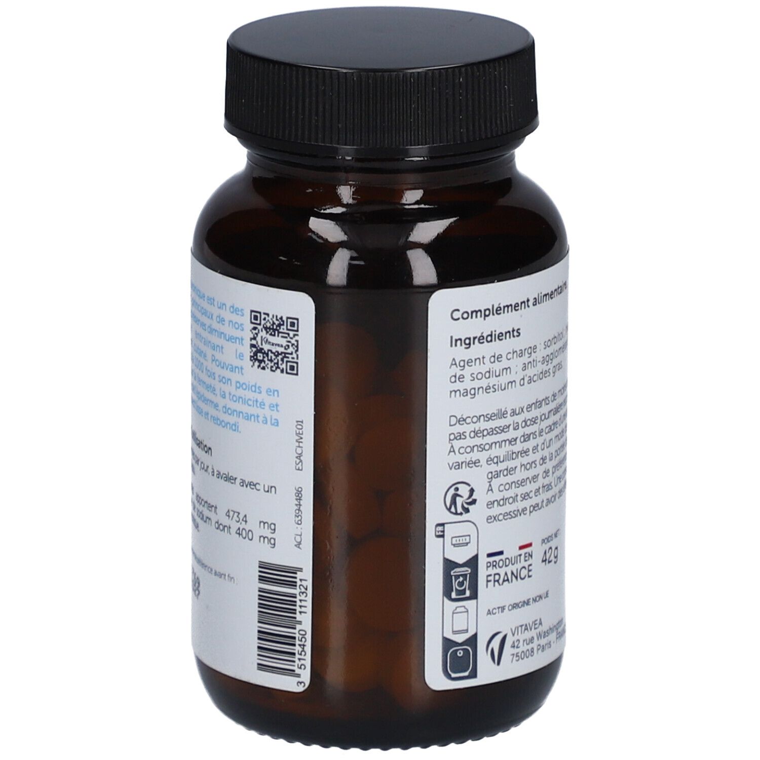 Vue arrière du flacon en verre brun. Étiquette avec informations et QR code. Marque Vitavea Santé. Fabriqué en France.