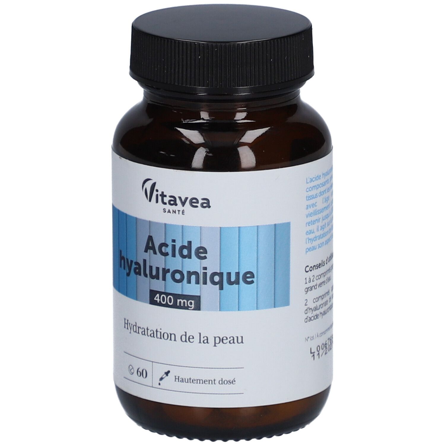 Flacon en verre brun avec bouchon noir. Étiquette avec nom du produit et marque Vitavea Santé. Contient 60 gélules.