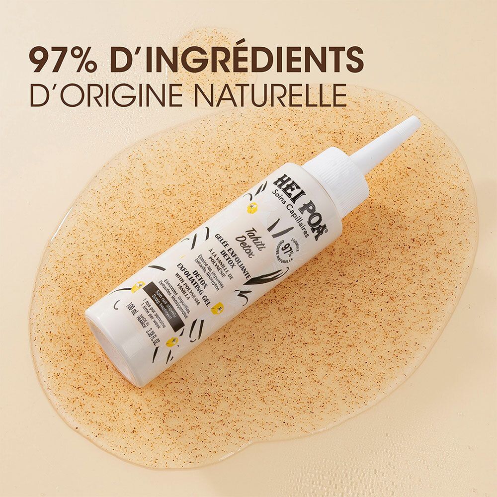 Flacon sur une substance gélifiée. Texte: HEI POA, Tahiti Detox. 97% d'ingrédients naturels.