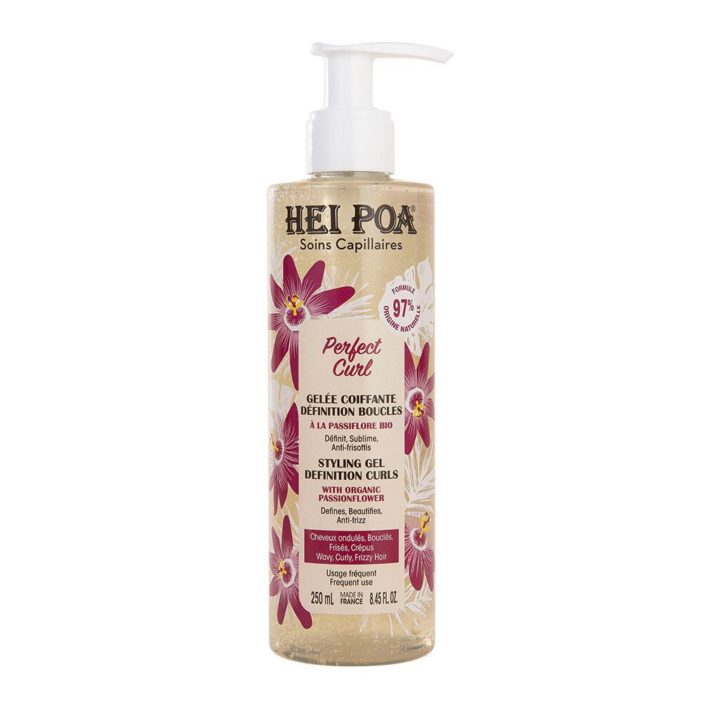 Flacon transparent HEI POA Perfect Curl Gelée Coiffante avec pompe. Étiquette avec nom du produit et motifs floraux.
