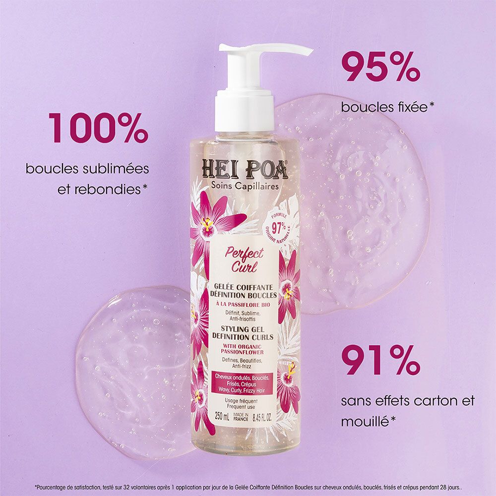 HEI POA Perfect Curl Gelée Coiffante. Produit avec 100% boucles sublimées, 95% fixées et 91% sans frisottis.