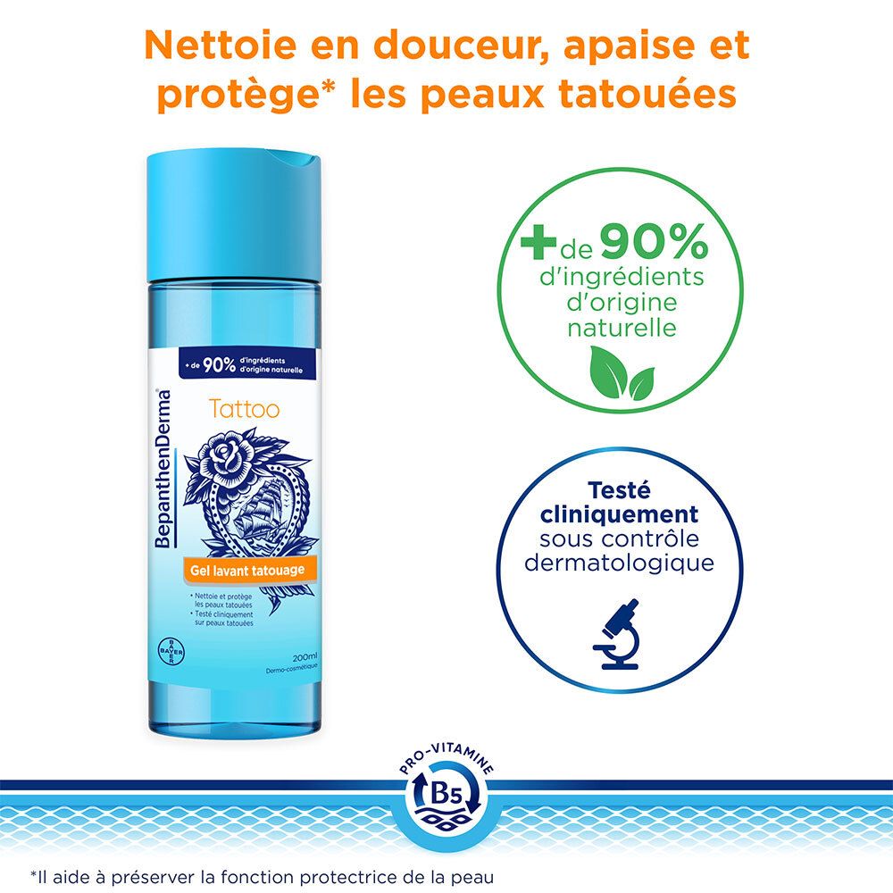 Flacon avec texte et logos. Nettoie en douceur, apaise et protège les peaux tatouées. 90% ingrédients naturels. Testé dermatologiquement.