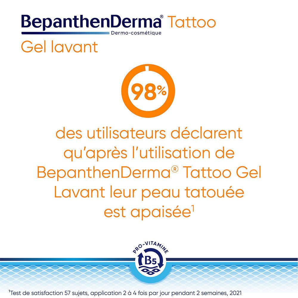 Texte. 98% des utilisateurs déclarent que leur peau tatouée est apaisée après utilisation. BepanthenDerma Tattoo Gel Lavant.
