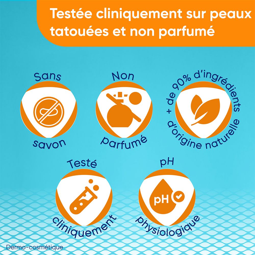 Symboles: Sans savon, sans parfum, ingrédients naturels, testé cliniquement, pH. Texte.