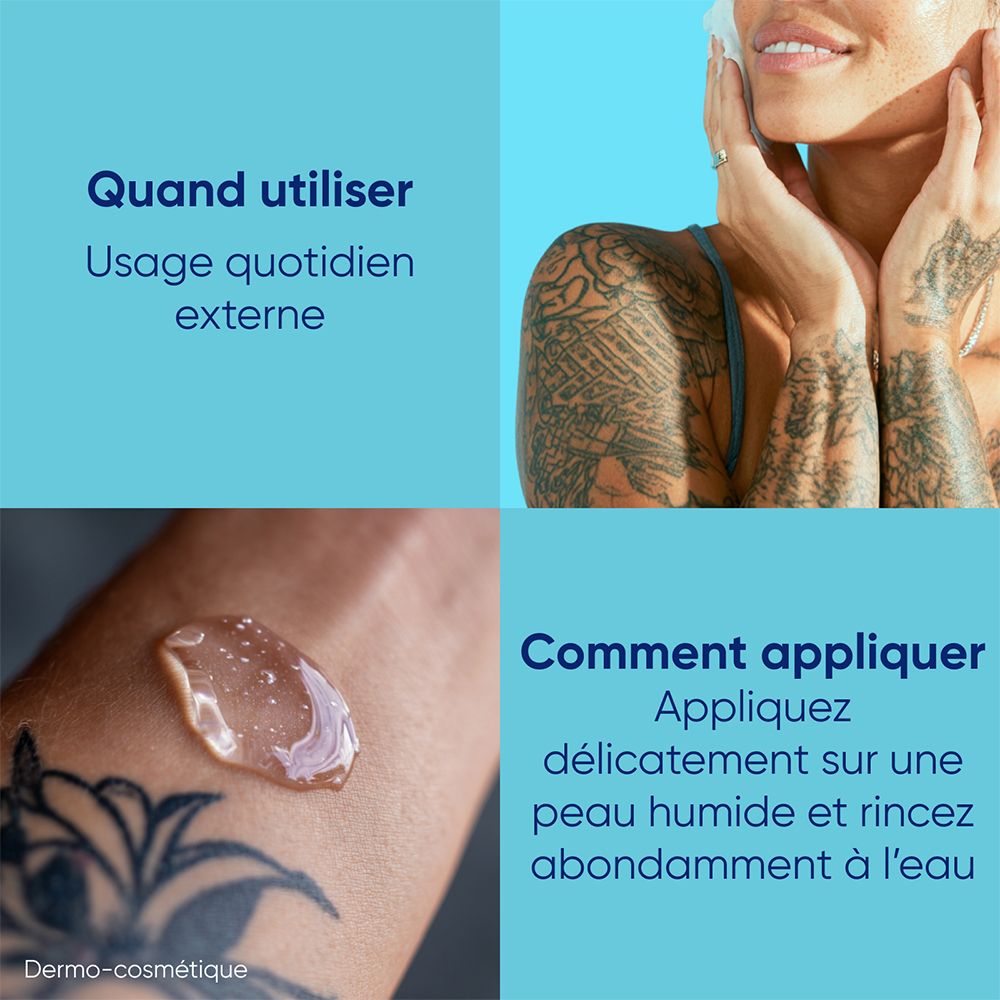 Utilisation: Quotidien, externe. Instructions d'utilisation. Appliquer gel sur peau humide, rincer.