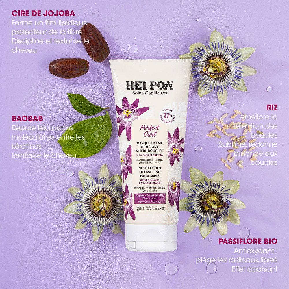 Produit avec ingrédients: Jojoba, Baobab, Riz, Passiflore. Texte sur l'effet sur les boucles. HEI POA Perfect Curl.