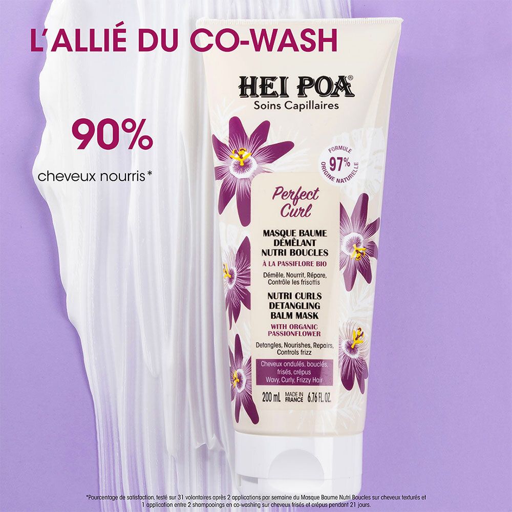 Tube de produit avec texte: L'allié du co-wash. 90% cheveux nourris. HEI POA Perfect Curl. 97% ingrédients naturels.