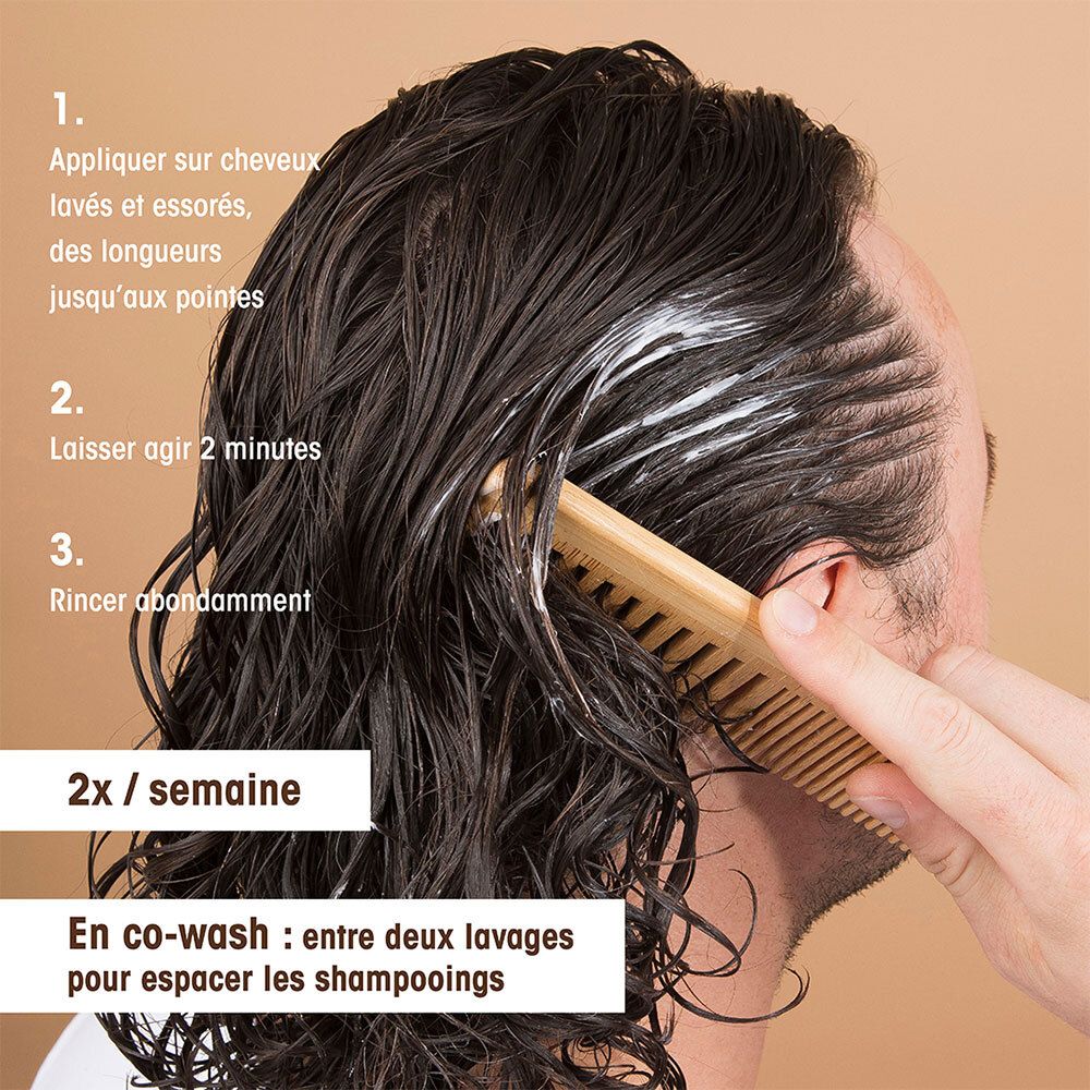 Homme peignant cheveux humides avec un peigne. Instructions: 1. Appliquer, 2. Laisser agir 2 minutes, 3. Rincer.
