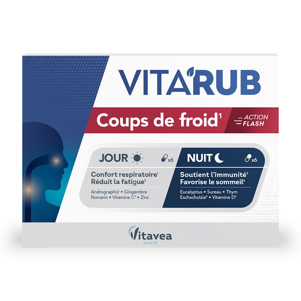 Boîte 'VITA'RUB Coups de froid'. Contient des gélules jour et nuit. Design bleu et blanc avec le nom du produit.