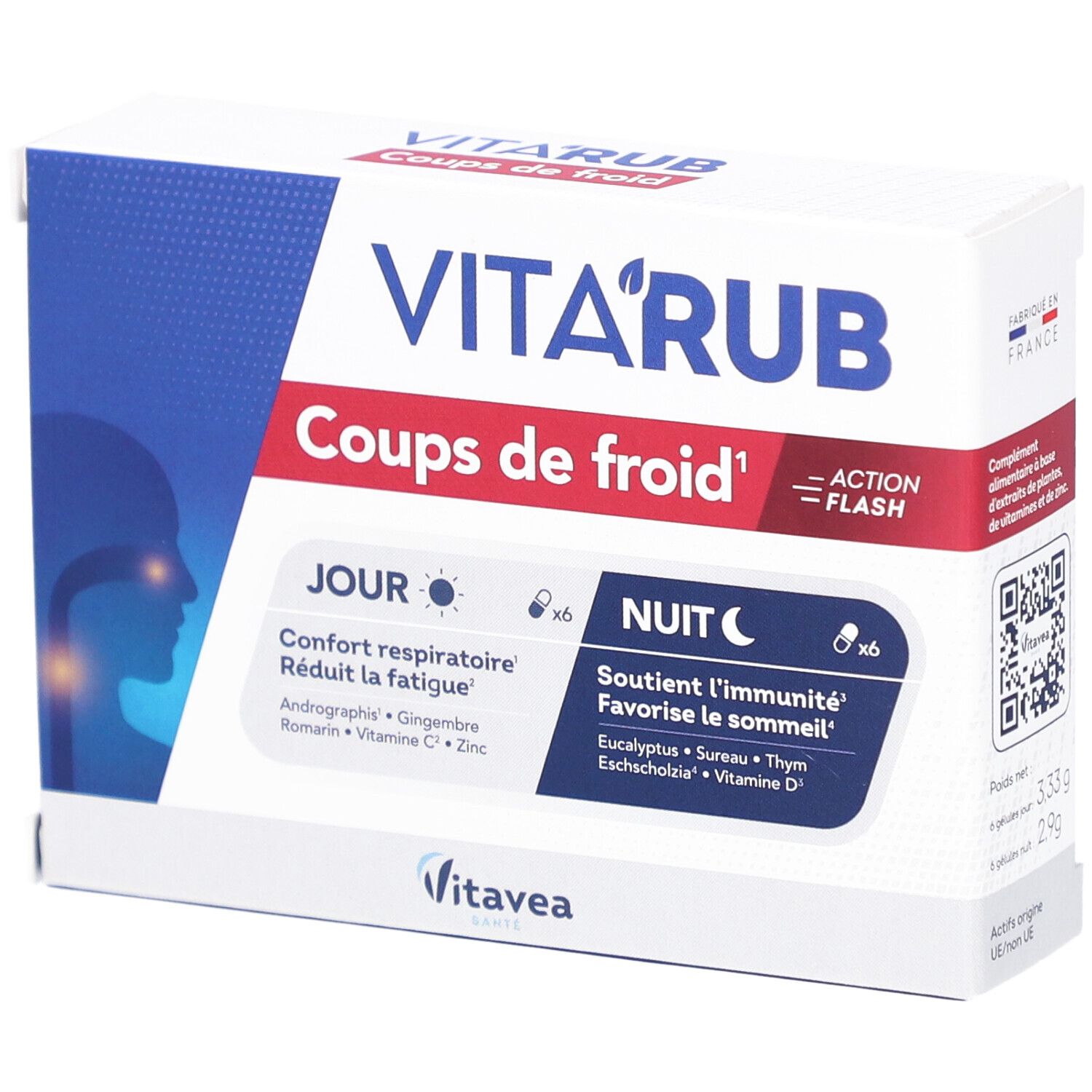 Boîte 'VITA'RUB Coups de froid'. Contient des gélules jour et nuit. Avec code QR et 'Fabriqué en France'.