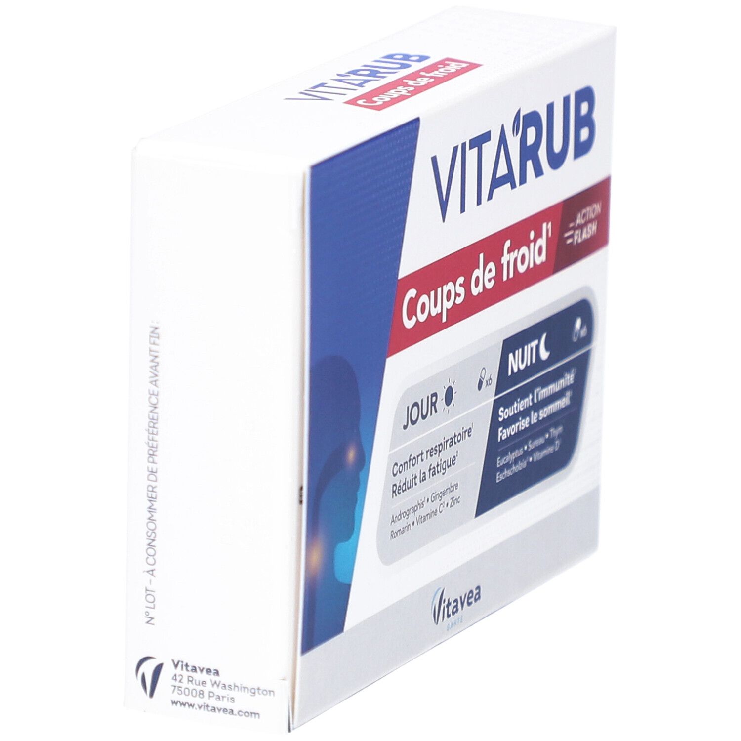 Boîte 'VITA'RUB Coups de froid' en biais. Contient des gélules jour et nuit. Blanc avec accent bleu.