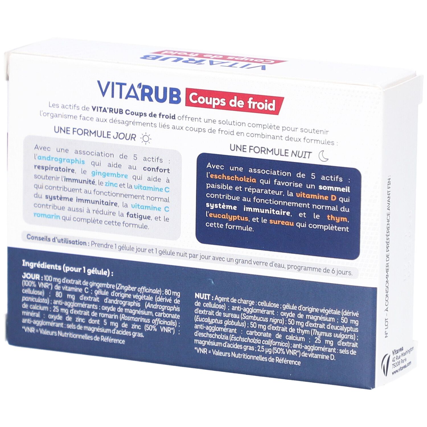 Dos de la boîte 'VITA'RUB Coups de froid'. Contient des informations sur les ingrédients et l'utilisation.