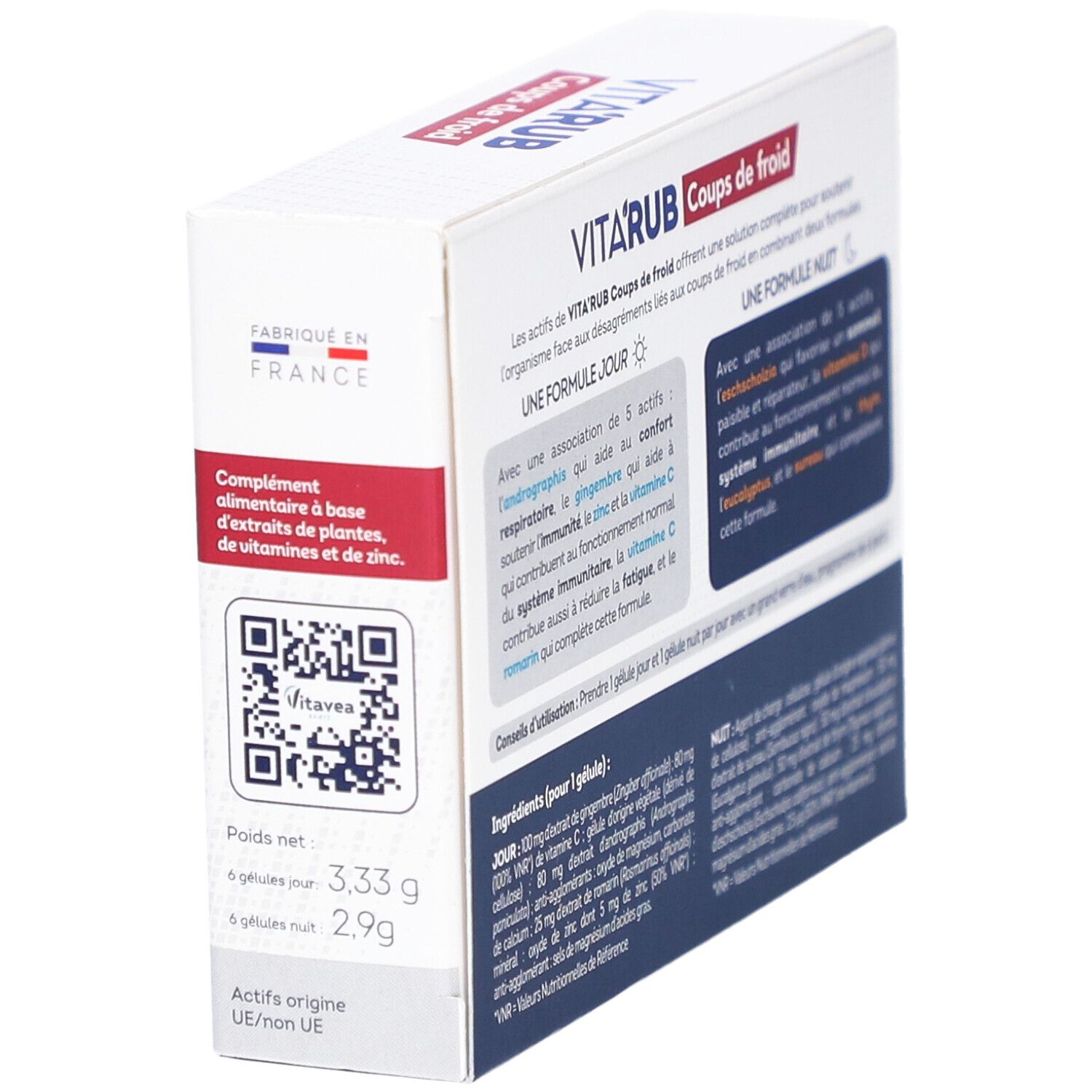 Dos de la boîte 'VITA'RUB Coups de froid'. Avec ingrédients, code QR et origine.