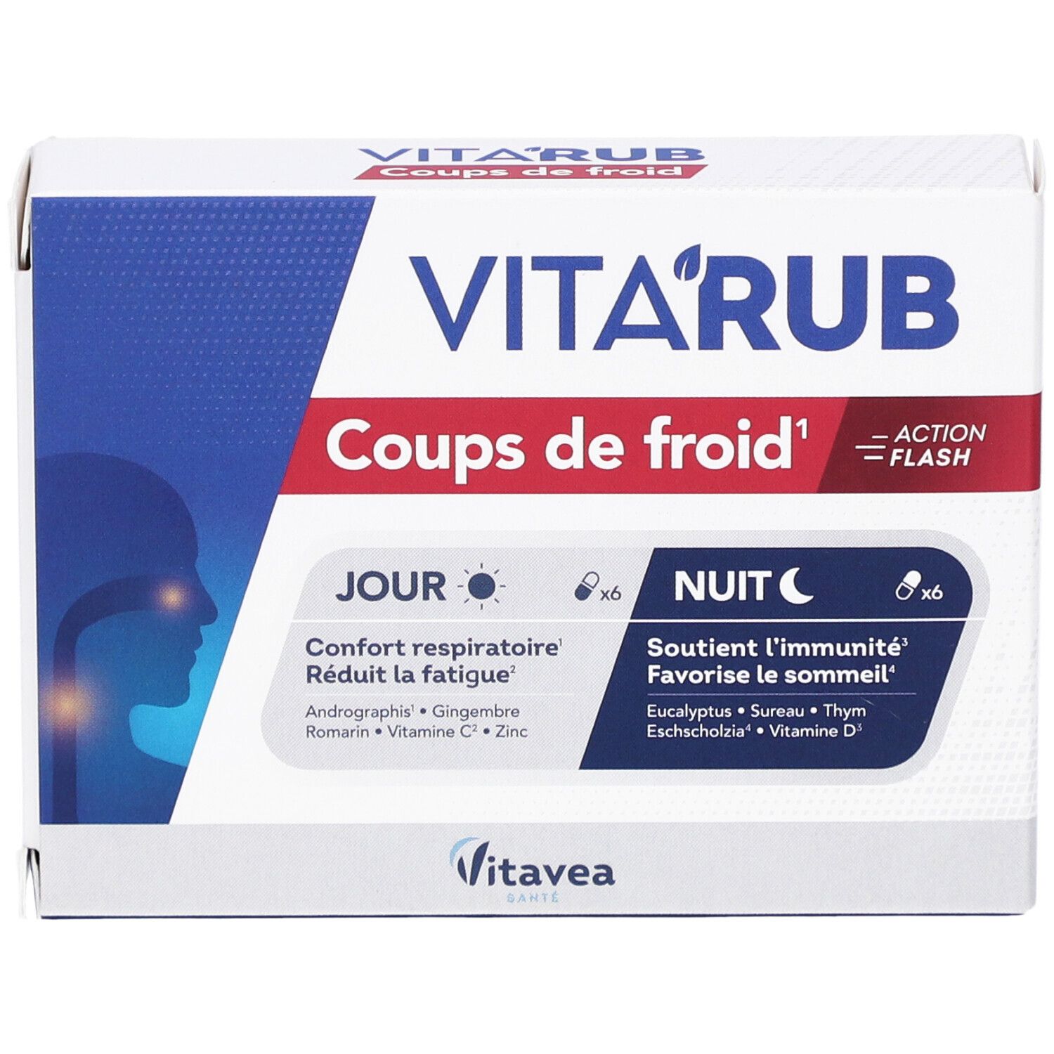 Boîte 'VITA'RUB Coups de froid'. Contient des gélules jour et nuit. Design blanc et bleu.