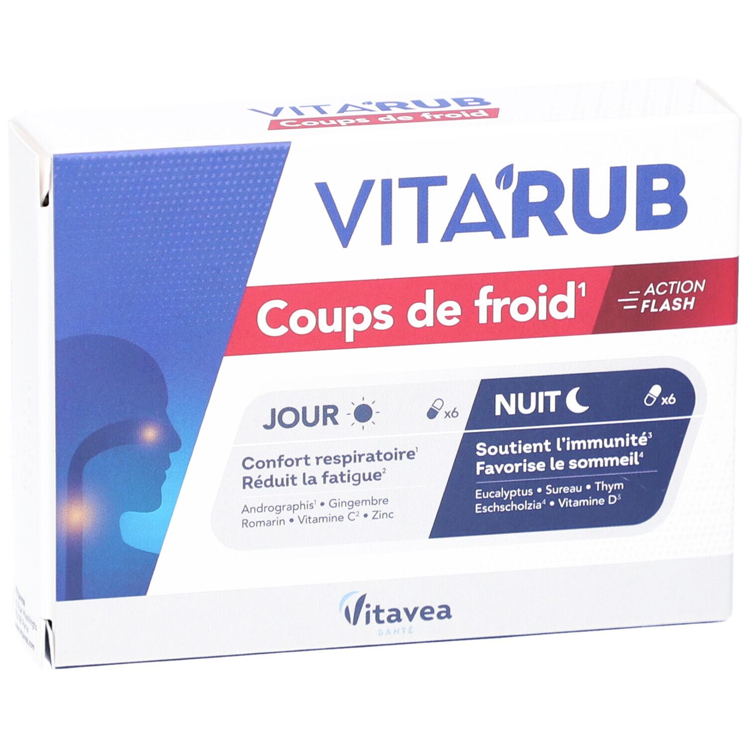 Boîte 'VITA'RUB Coups de froid'. Contient des gélules jour et nuit. Design blanc et bleu.