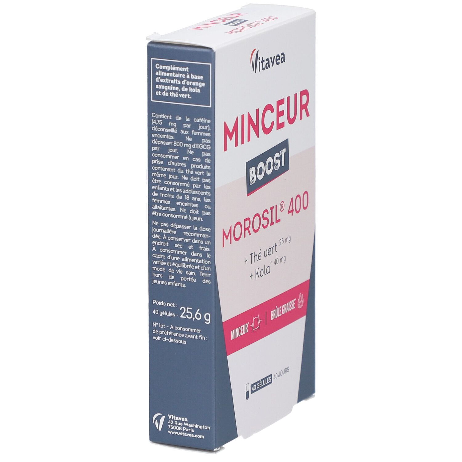 Boîte de VITAVEA BOOST MOROSIL 400. Inscription: MINCEUR BOOST MOROSIL 400, Thé vert 25 mg, Kola 40 mg. Contient 40 gélules. Vue latérale.