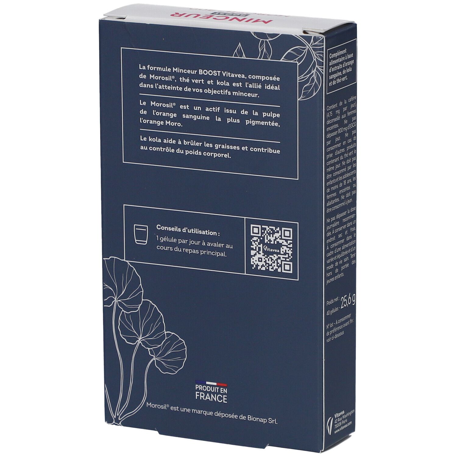 Dos de la boîte de VITAVEA BOOST MOROSIL 400. Contient des informations et un code QR. Fabriqué en France. Poids: 25,6 g.