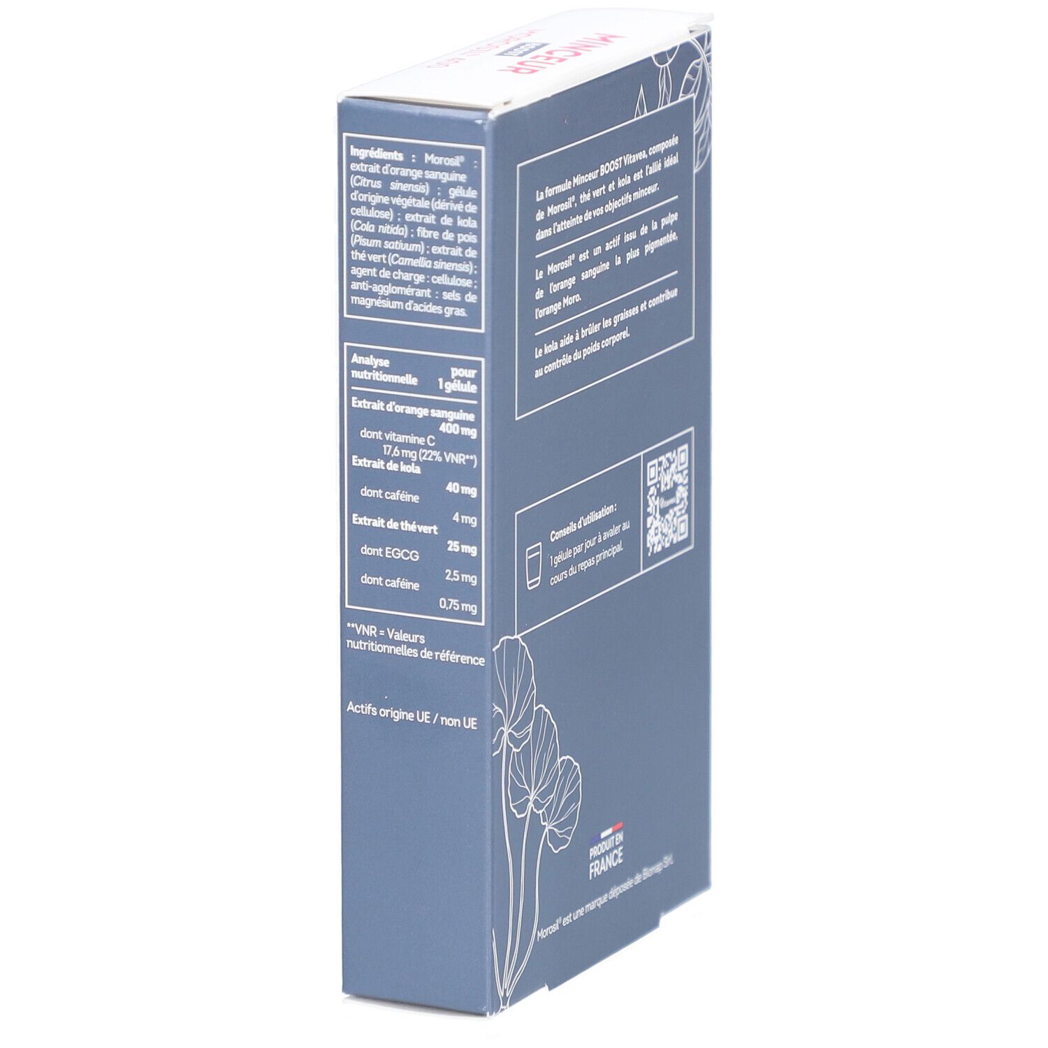 Vue latérale de la boîte de VITAVEA BOOST MOROSIL 400. Contient des informations sur les ingrédients et les valeurs nutritionnelles. Fabriqué en France.
