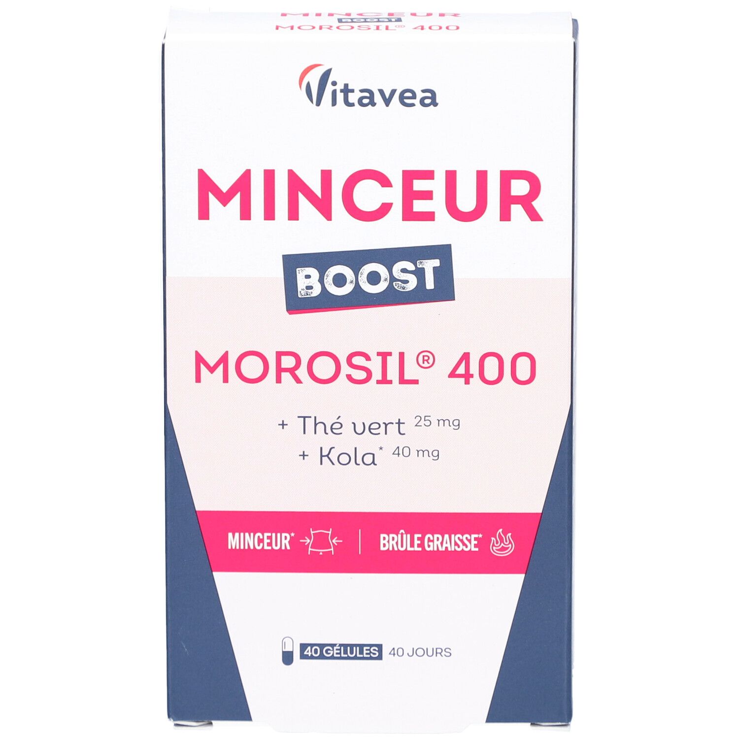 Boîte de VITAVEA BOOST MOROSIL 400. Inscription: MINCEUR BOOST MOROSIL 400, Thé vert 25 mg, Kola 40 mg. Contient 40 gélules. Marque Vitavea.