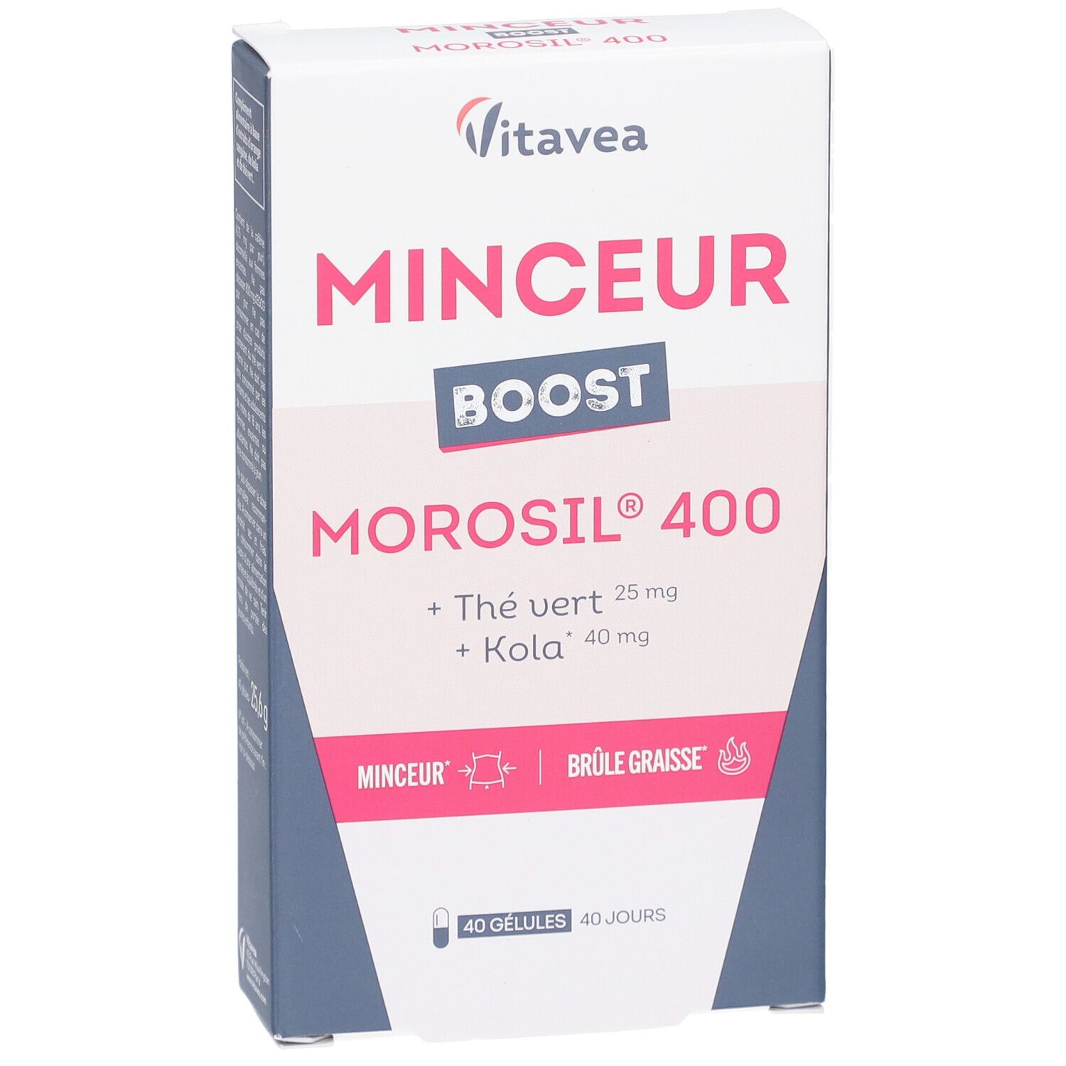 Boîte de VITAVEA BOOST MOROSIL 400. Inscription: MINCEUR BOOST MOROSIL 400, Thé vert 25 mg, Kola 40 mg. Contient 40 gélules. Marque Vitavea.