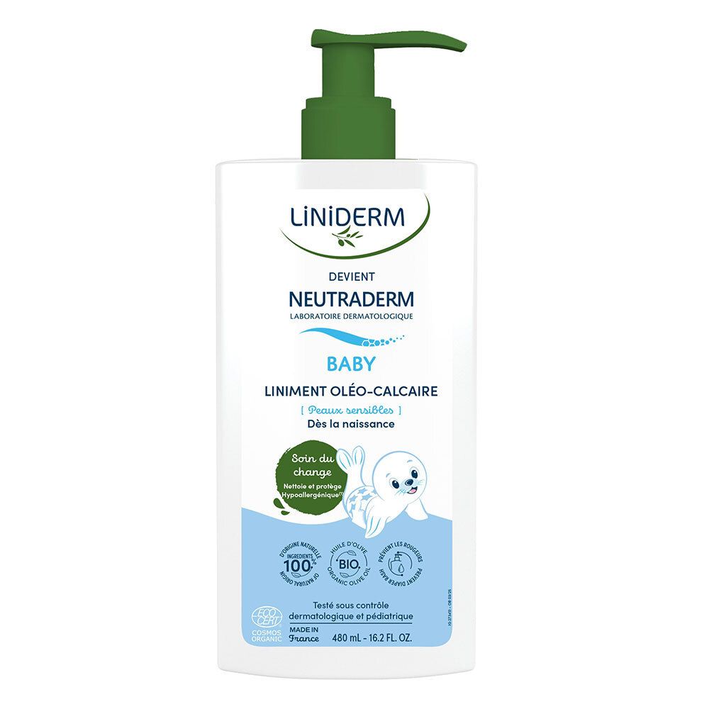 Flacon blanc avec pompe verte. Inscriptions : LINIDERM, NEUTRADERM BABY. Texte : Liniment oléo-calcaire. Pour peaux sensibles.