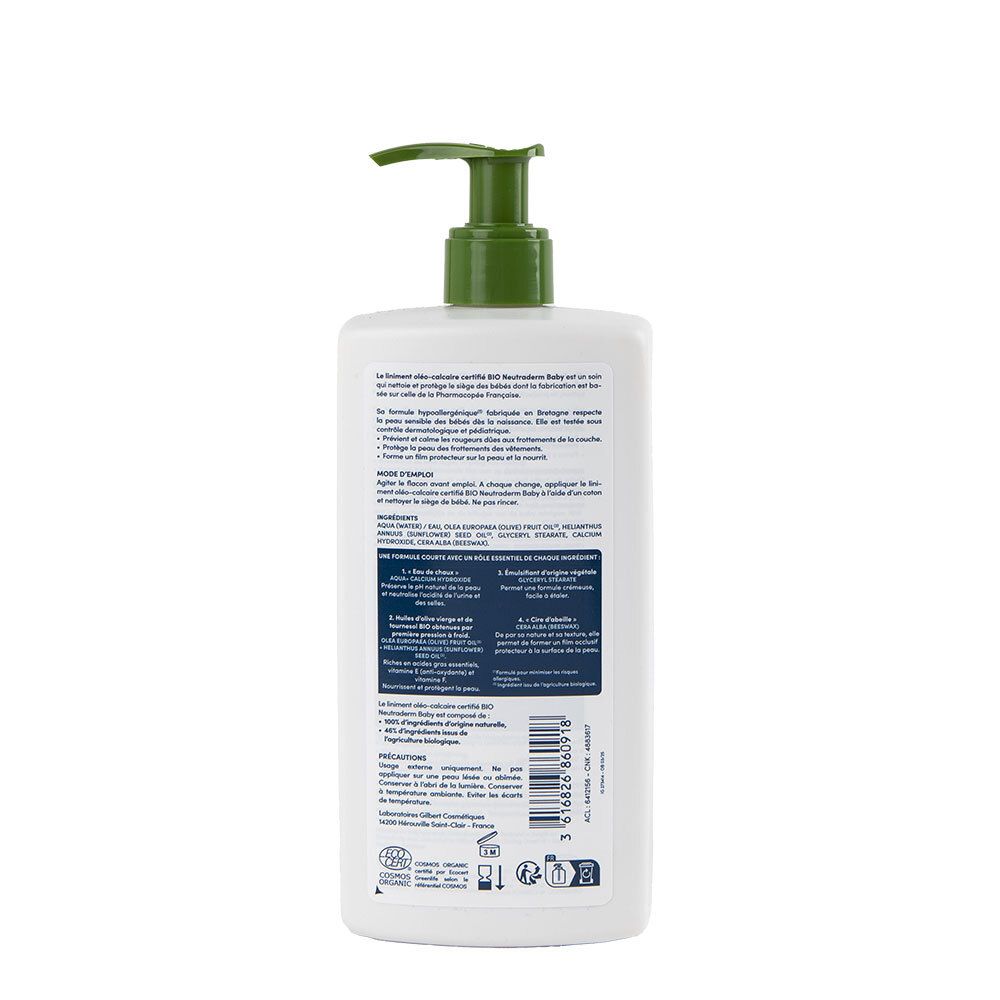 Dos d'un flacon blanc avec pompe verte. Texte et informations sur l'utilisation du produit.