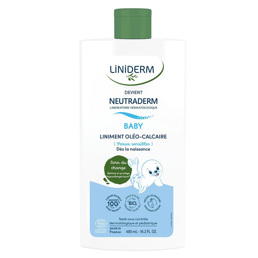 Liniment bébé blanc rectangulaire avec bouchon vert. Inscriptions: LINIDERM, NEUTRADERM, BABY, Liniment Oléo-Calcaire.
