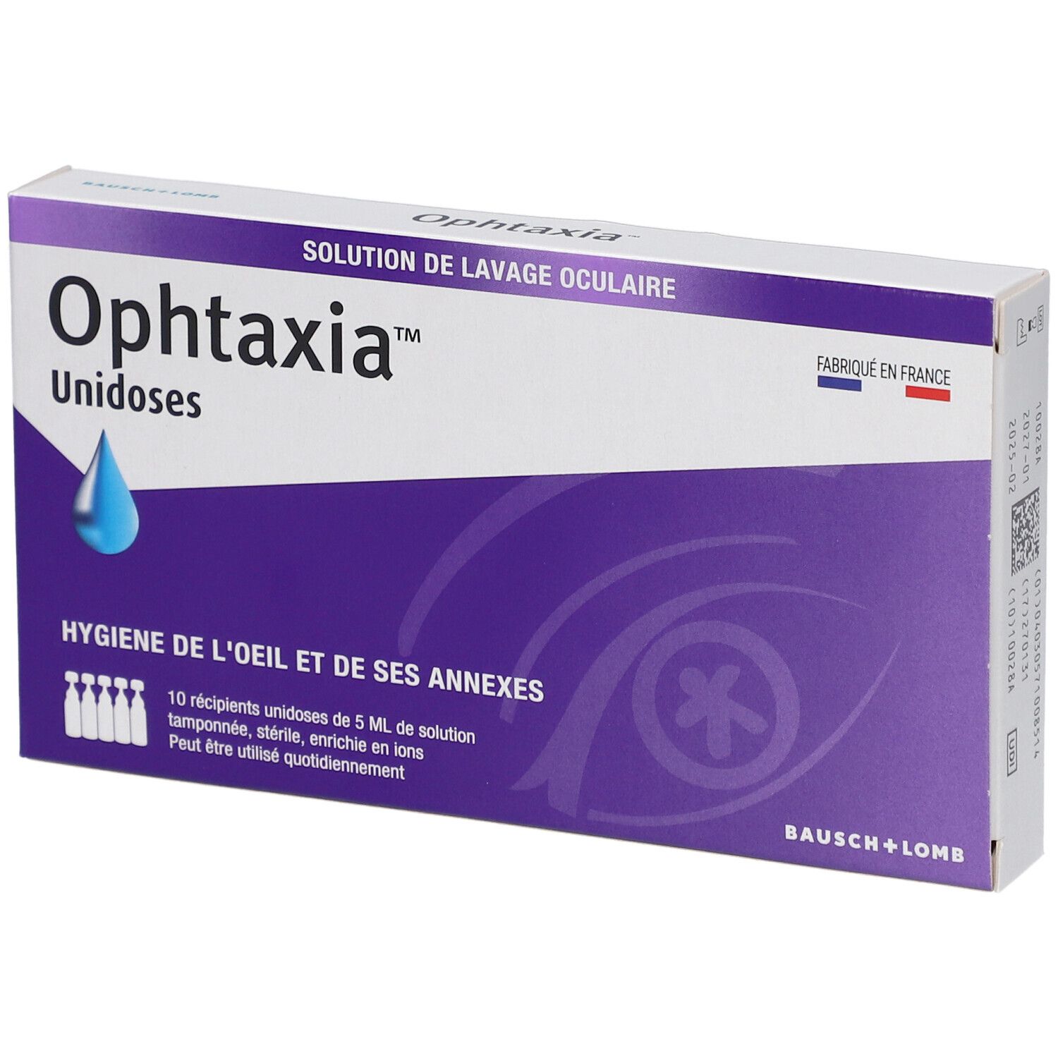 Boîte de Ophtaxia Unidoses. Emballage blanc et violet avec nom du produit et goutte d'eau. Logo Bausch + Lomb.