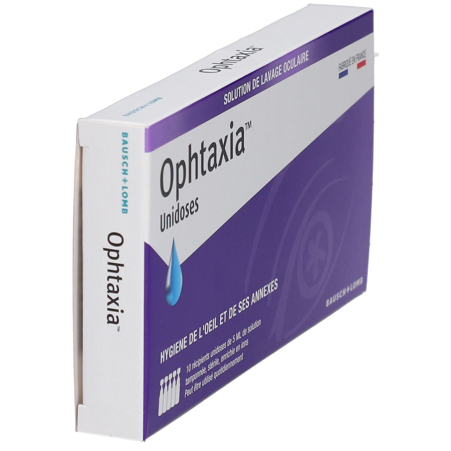 Boîte Ophtaxia Unidoses en biais. Emballage blanc et violet avec nom du produit et goutte. Logo Bausch + Lomb.