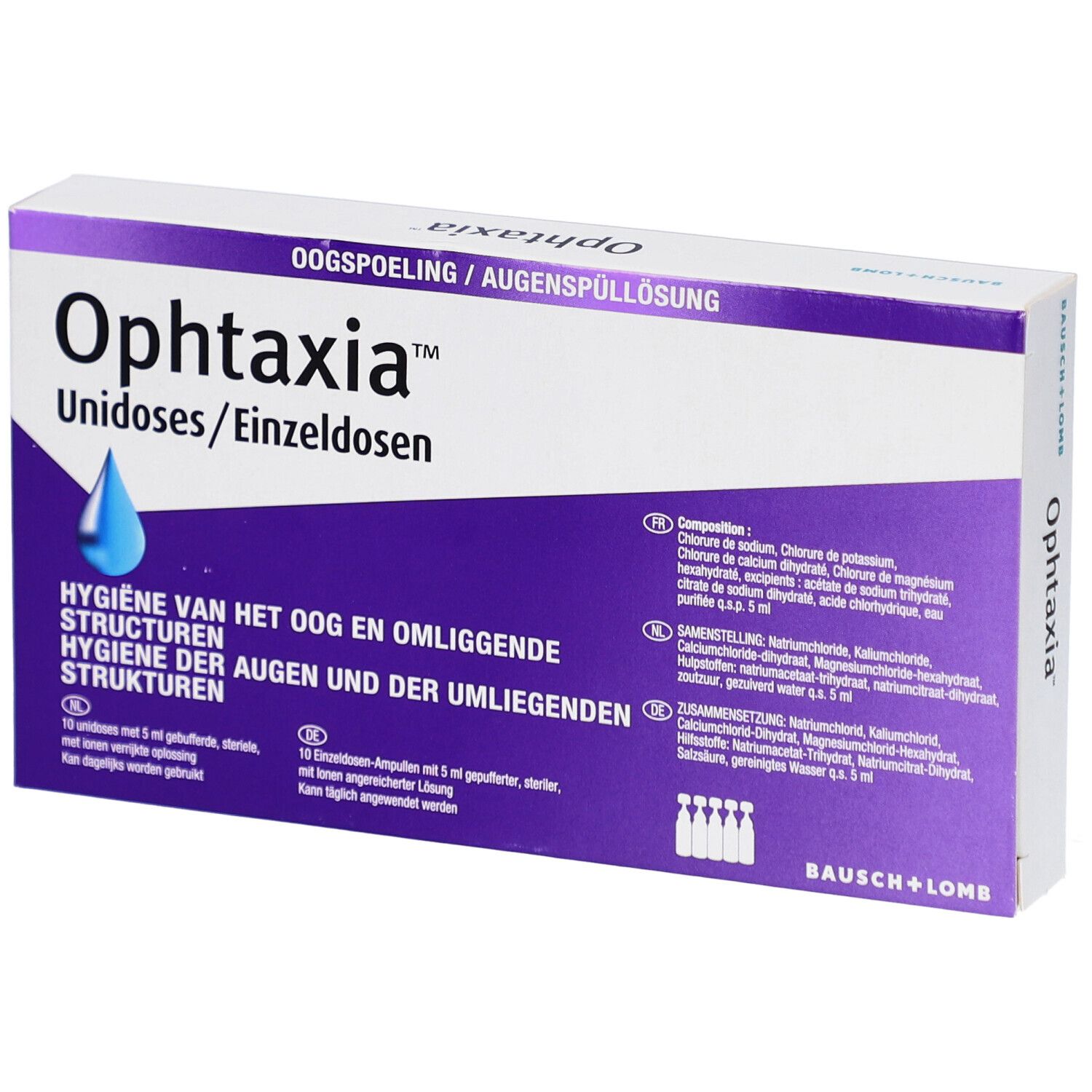 Boîte Ophtaxia Unidoses/Einzeldosen. Emballage blanc et violet avec nom du produit et informations. Logo Bausch + Lomb.