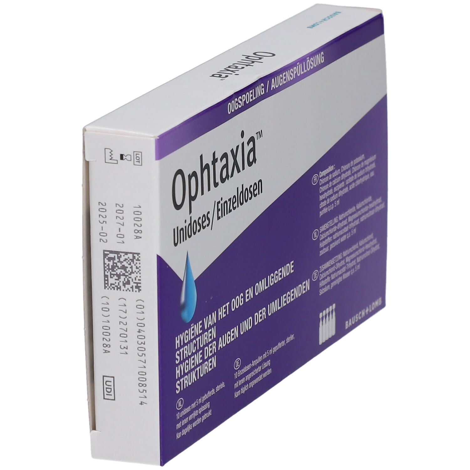 Boîte Ophtaxia Unidoses/Einzeldosen en biais. Emballage blanc et violet avec informations produit. Logo Bausch + Lomb.