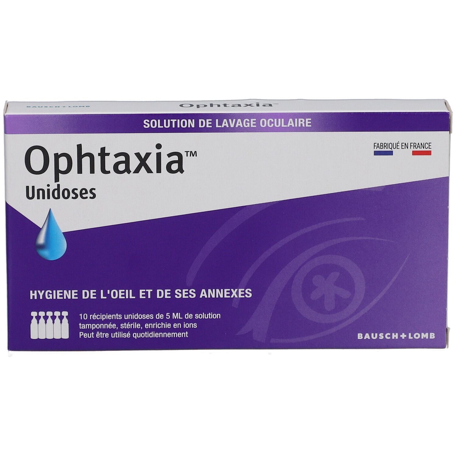 Boîte Ophtaxia Unidoses. Emballage blanc et violet avec nom du produit et goutte. Logo Bausch + Lomb.