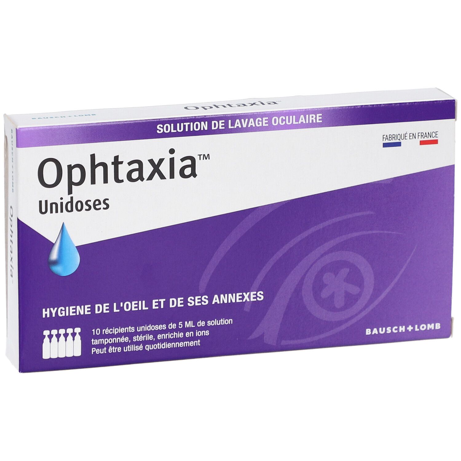 Boîte Ophtaxia Unidoses. Emballage blanc et violet avec nom du produit et goutte. Logo Bausch + Lomb.