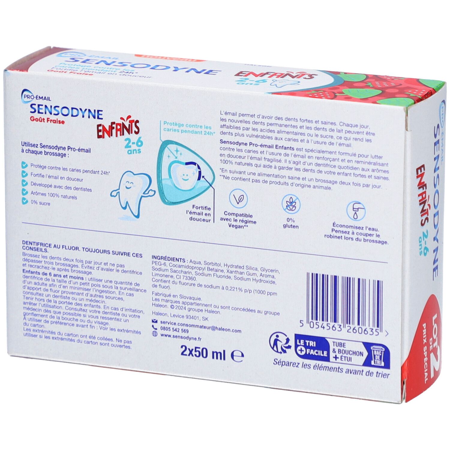 Dos de la boîte de dentifrice. Contient des informations sur le produit et les ingrédients. Inscription : SENSODYNE ENFANTS 2-6 ans.
