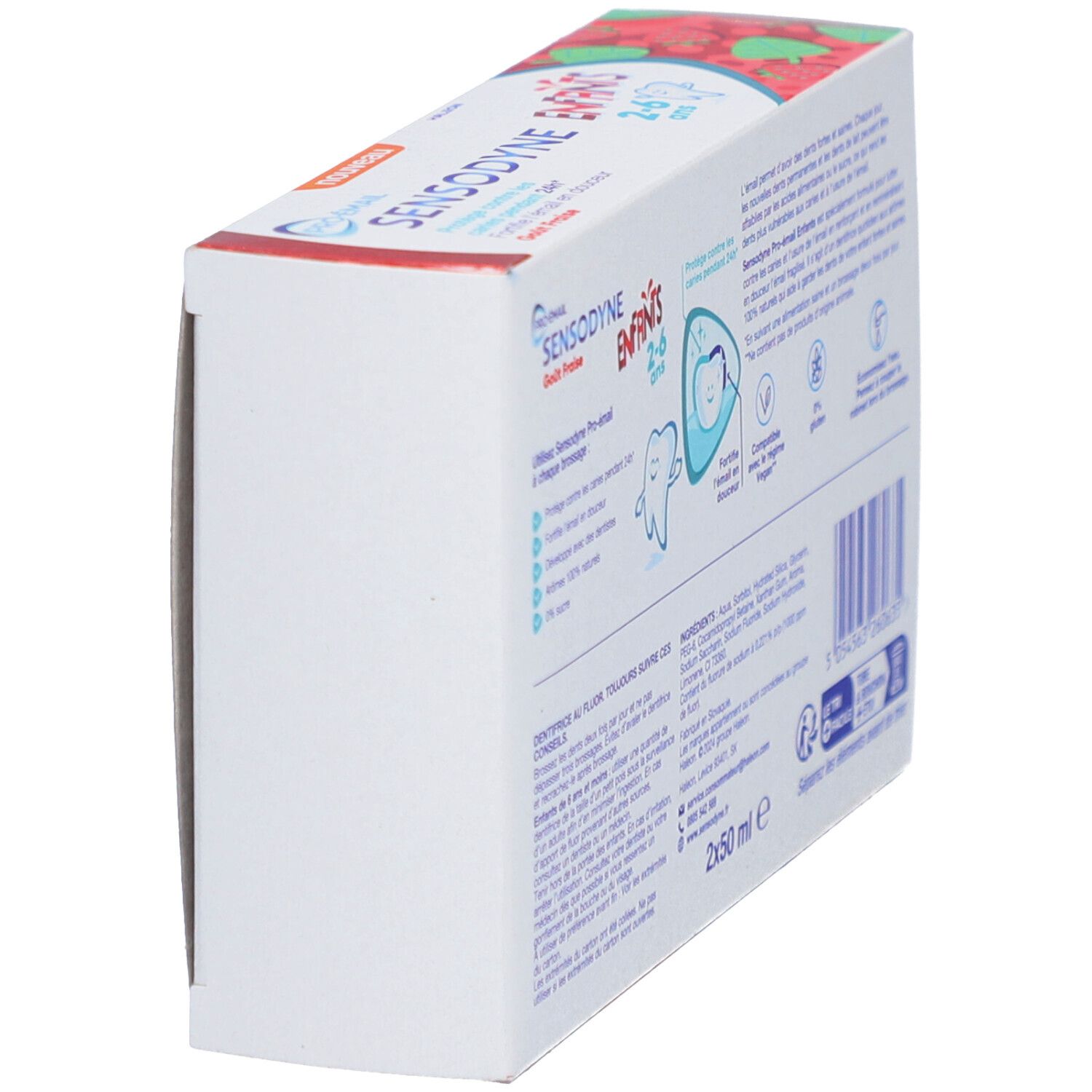 Vue oblique de la boîte de dentifrice. Inscription : SENSODYNE ENFANTS 2-6 ans. Informations produit au dos.