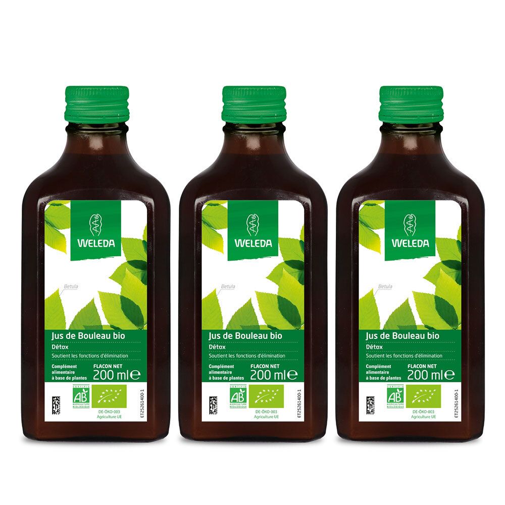 Trois bouteilles avec bouchon vert. Inscription: WELEDA, Jus de Bouleau bio, Detox, 200 ml. Label bio.
