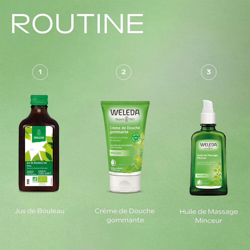 Trois produits: WELEDA Jus de Bouleau bio, Crème de Douche gommante, Huile de Massage Minceur. Tous avec étiquettes vertes.