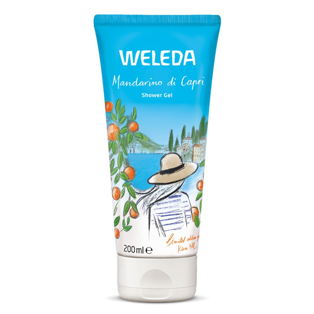 Tube bleu et blanc avec "WELEDA Mandarino di Capri Shower Gel". Illustration d'une femme avec un chapeau devant un paysage. 200ml.