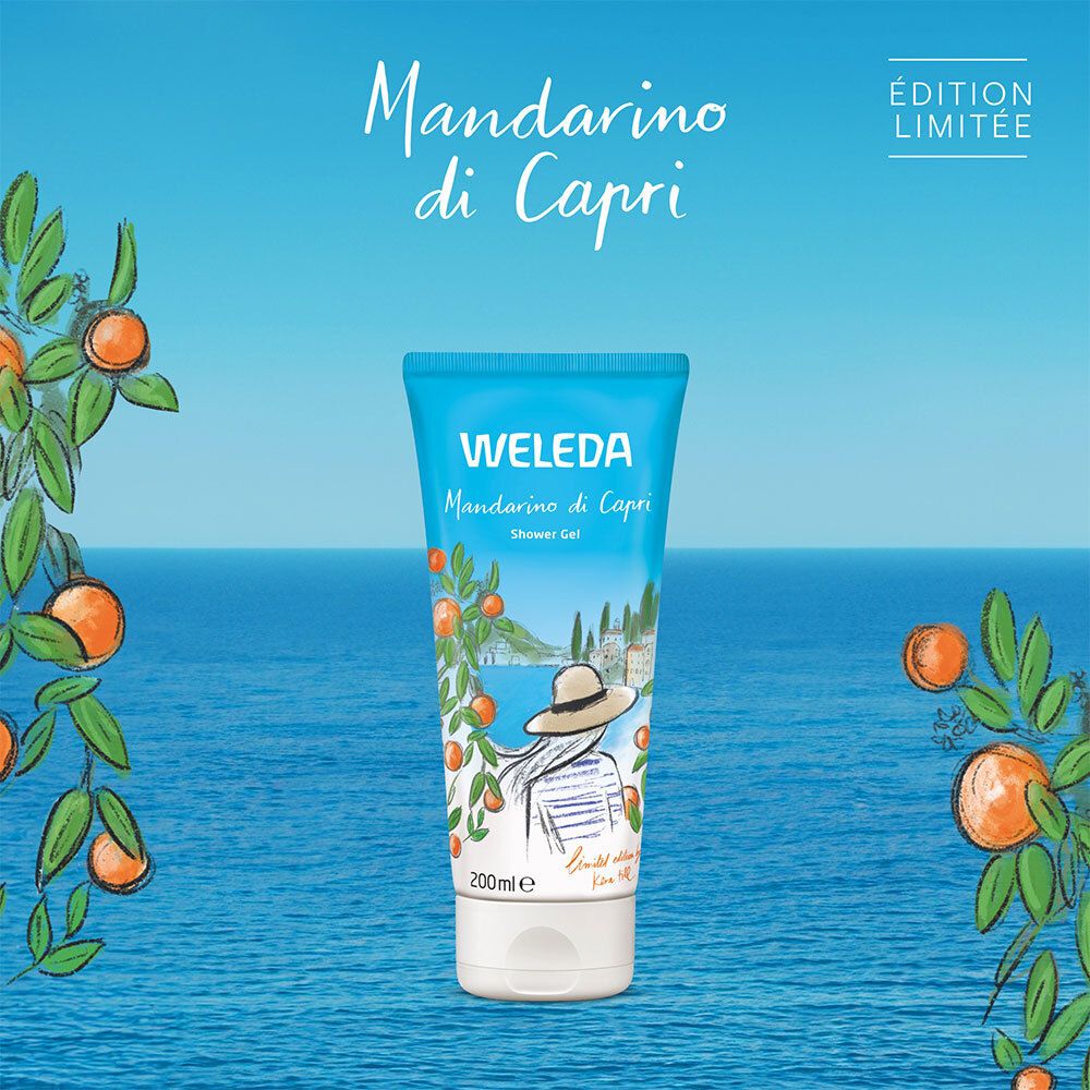 Tube bleu et blanc avec "Mandarino di Capri" et "WELEDA". Illustration d'une femme avec un chapeau devant un paysage. "ÉDITION LIMITÉE".