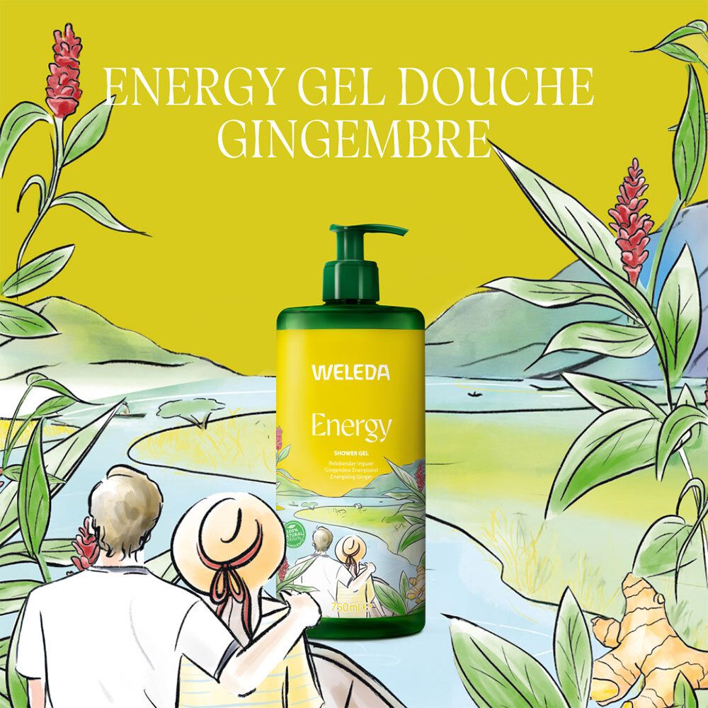 Flacon de produit sur fond jaune. Inscription: ENERGY GEL DOUCHE GINGEMBRE. Illustration de paysage et plantes.