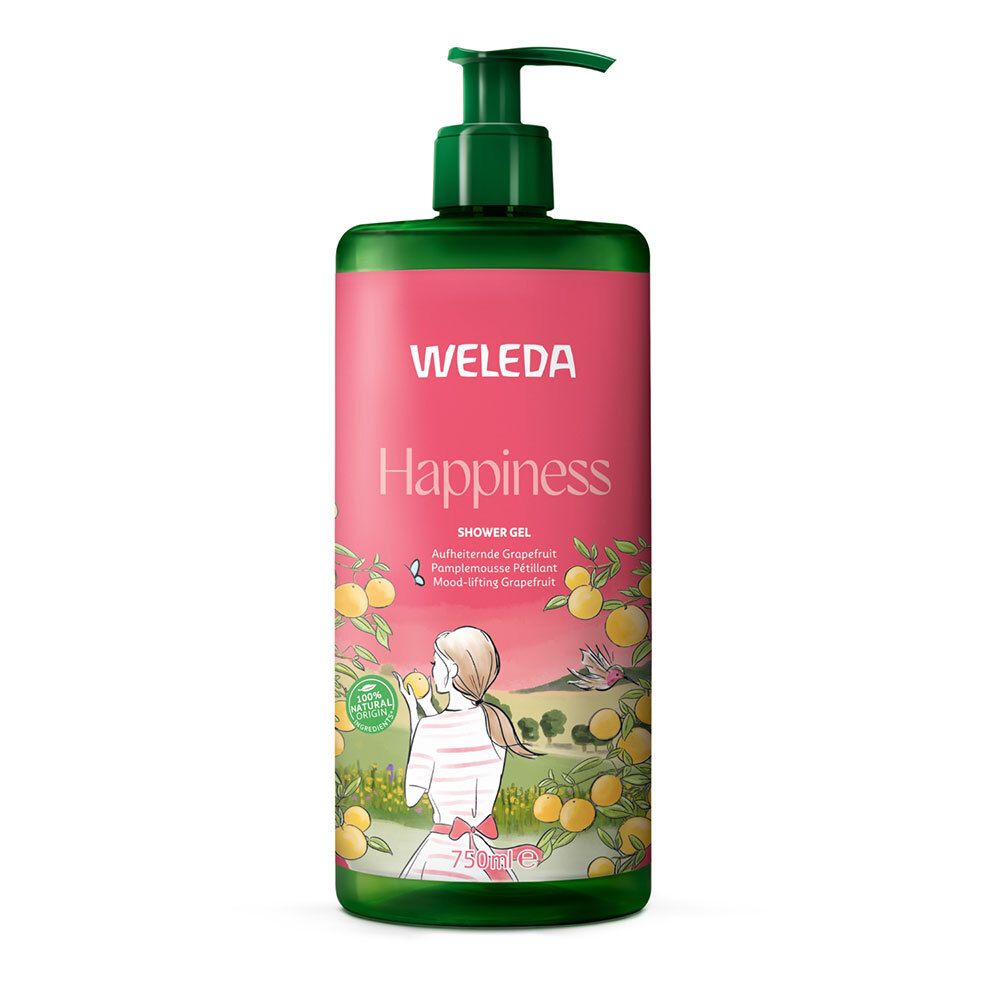 Flacon vert avec étiquette rose. Inscription WELEDA Happiness. Illustration femme et pamplemousses.